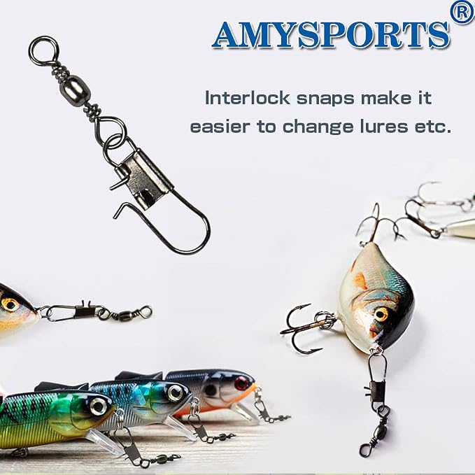 AMYSPORTS Fishing Tackle Barrel Swivel Snap High Strength Snap Swivel Saltwater Stainless Steel Fishing Barrel Snaps Interlock Snaps Freshwater Leader Lure Connnector Accessories