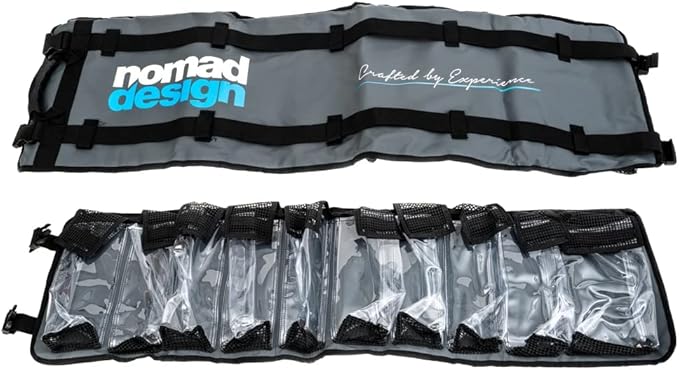 Nomad Design Lure Roll - Large Size with 10 Pockets Respectively, Portable Waterproof Tarpaulin Fish Lure Bag - Heavy Duty PVC Window, Mesh Cleaning & Drying Tabs