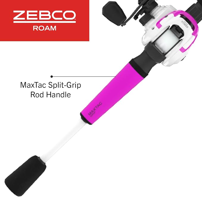 Zebco Roam Baitcast Reel and Fishing Rod Combo, 6-Foot 6-Inch 2-Piece Fiberglass Fishing Pole with Split-Grip MaxTac Rod Handle, Lightweight Graphite Frame, Right-Hand Retrieve