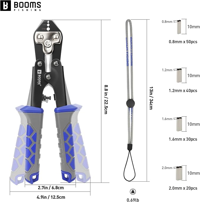 Booms Fishing Crimping Pliers Kit: 8.8in Crimper Tool for Wire & Mono Lines Up to 2.2mm -Includes 140pcs Double Barrel Sleeves - XW42 Saltwater Freshwater Rigging Tool