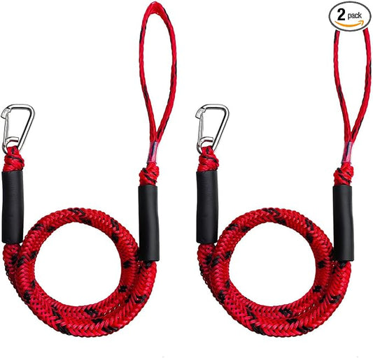 Bungee Dock Line with Stainless Steel Clip – Boat Dock Rope with Foam Float for Kayak, Canoe, Pontoon, Watercraft, SeaDoo, Docking – 4–5.5 ft, 2 Pack（Red&Black）