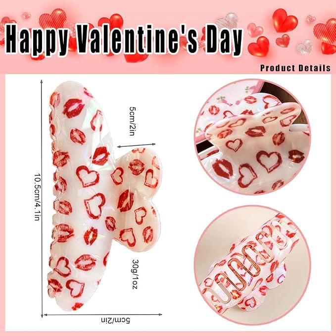 Heart Hair Claw Clips for Thick or Thin Hair, 1 Pack Red Heart Lips Pattern Hair Clips Valentine's Hair Accessories Large Acrylic Heart Shape Jaw Clips Strong Hold Clamp Clips for Women