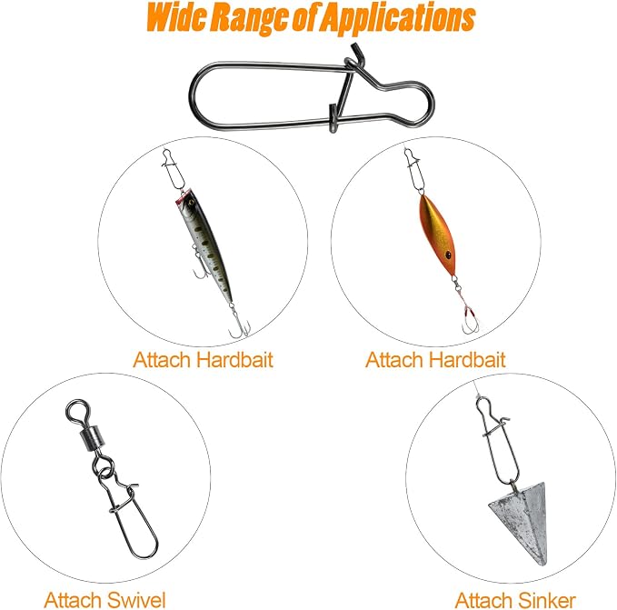 Dr.Fish 100 Pack Duo Lock Fishing Snaps Stainless Steel 26-220LB Lure Snaps Freshwater Saltwater Quick Change Speed Fishing Line Weights Clips