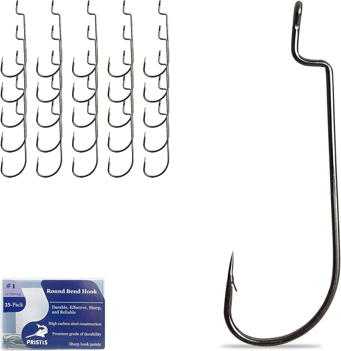 Pristis 25 Pack High Carbon Steel Fishing Hooks, Reinforced EWG Circle Octopus Round Bend 60 Degree Wide Gap Strong Barbed Worm Fish Hook Jig Bait Rig for Saltwater Freshwater Bass Tuna Walleye Trout