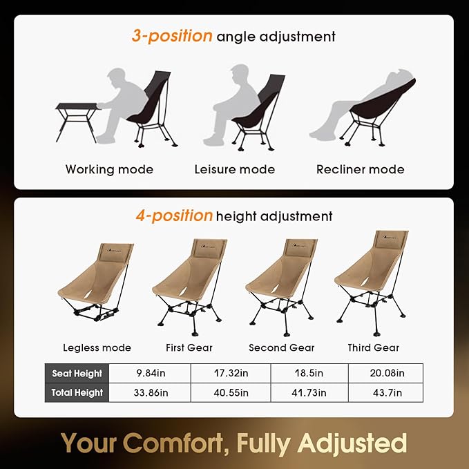 MOON LENCE Oversized High Back Camping Chair for Adults, Height Adjustable Folding Camp Chair | 400 lbs Capacity & 5.4 lbs Weight, Hidden Pillow Pocket Wide Seat for Camping Fishing Overlanding, Khaki