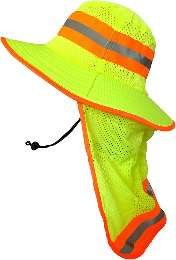 Men High Visibility Reflective Sun Hat with Neck Flap Wide Brim Boonie Hat Bucket Cap