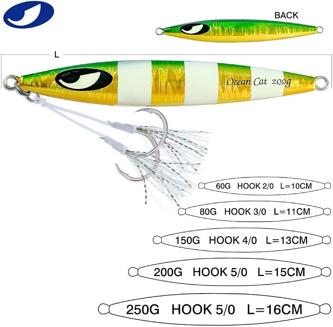OCEAN CAT Lead Metal Flat Slow Fall Pitch Fishing Jigs Lures Sinking Vertical Jigging Bait with Butterfly Hook for Saltwater Fishing