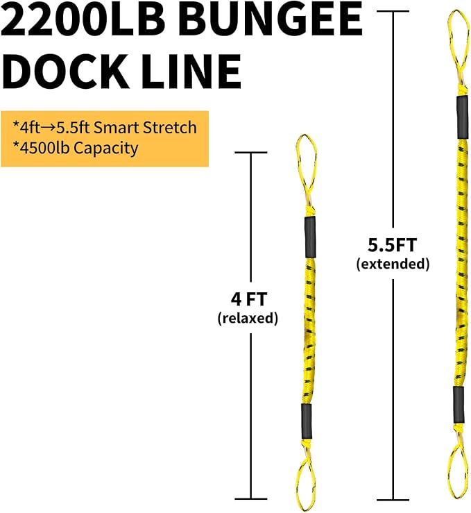 2-Pack Bungee Dock Lines for Boats with Loops, Boat Tie Downs for Docking, Adjustable Boat Mooring Rope for Pontoon, Jon Boat & PWC (Yellow & Black, 4 FT)