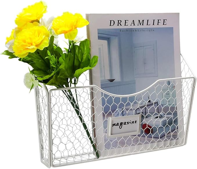 PAG 3 Pockets Hanging File Holder Wall Mount Mail Organizer Metal Chicken Wire Magazine Rack with Tag Slot, White