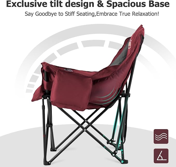 Overmont Oversized XL Camping Chair for Adults - 500lbs Support Heavy-Duty Padded Folding Chair with Side Pocket Cup Holder Cooling Bag for Outdoor Sports Garden Beach Fishing Lawn Red 2pcs