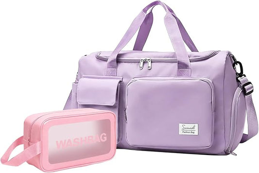 Suruid Gym Bag for Women Men, Travel Duffle Bag Large Capacity Carry On Weekender Bag With Shoe Compartment Gym Tote Dry Wet Separation Duffel Bag with Makeup Bag, Purple