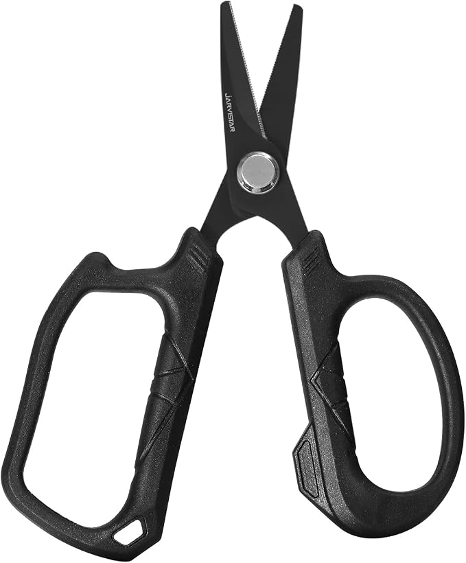 JARVISTAR 4.65" Fishing Scissors - Heavy Duty Line Cutter with Spring Clip Keychain, Dual Serrated Stainless Blades - Cuts Braided, Mono & Fluorocarbon Lines for Saltwater & Freshwater Black