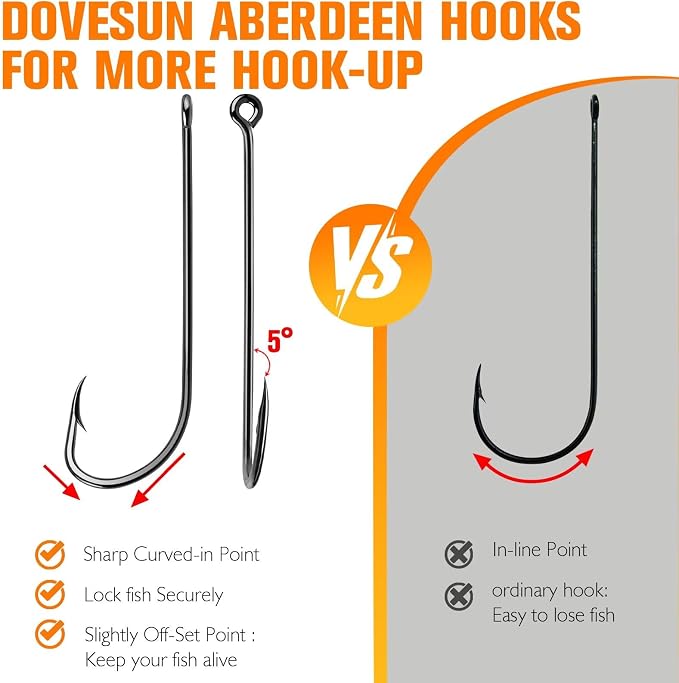 Dovesun Fishing Hooks Freshwater Aberdeen Fishing Hooks 100Pcs Long Shank High-Carbon Steel Worm Hooks Small Bass Trout Crappie 12# 10# 8# 6# 4# 2# 1# 1/0 2/0
