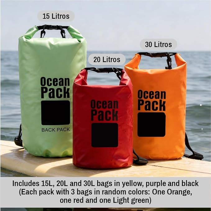 Waterproof Dry Bag Set of 3 (15L 20L 30L) - PVC Roll Top Dry Bags Waterproof - Backpack for Kayaking, Camping, Beach & Travel (Red, Light Green, Orange)