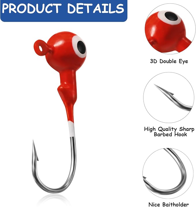 60 Pieces Fishing Lures Jig Heads Ball Head Fishing Hooks Round Ball Head Jigs with Double Eyes for Freshwater or Saltwater