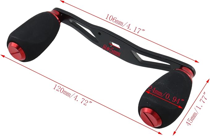 Fishing Reel Handle Red Fishing Baitcasting Handle Rocker Baitcasting Reel Replacement Parts, with EVA Grip Knob and Nut (Black + Red)