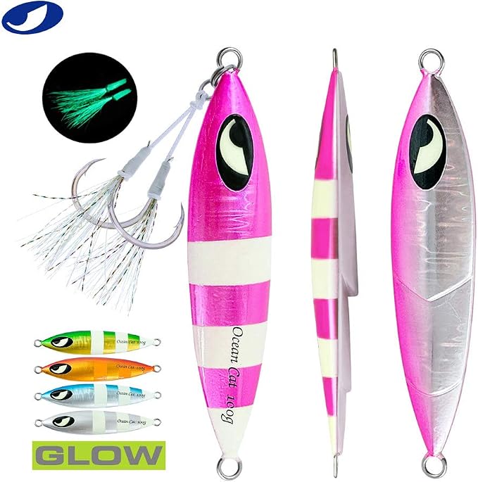 OCEAN CAT Lead Metal Flat Slow Fall Pitch Fishing Jigs Lures Sinking Vertical Jigging Bait with Butterfly Hook for Saltwater Fishing