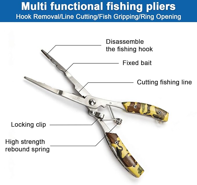 Fishing Needle Nose Pliers for Saltwater, Long Nose Stainless Steel Hook Remover with Braid Line Cutter and Split Ring Tool, Spring Loaded Fishing Pliers