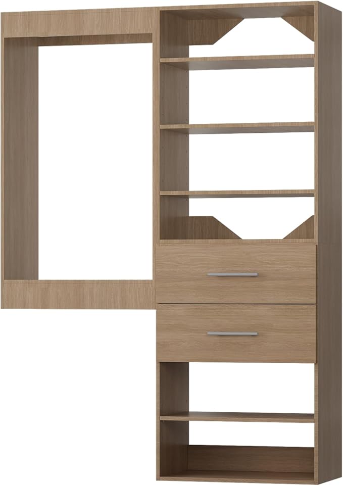 ROOMTEC Modular Closet System, 61" Wall Mounted Closet Organizer with Hanging Rods and Drawers, Wooden Tower for Walk-In Closets, Wardrobe Storage Kit, Wood