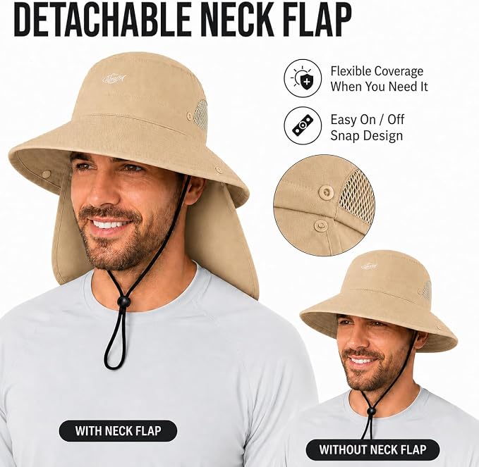 Palmyth Fishing Hat with Detachable Neck Flap UPF 50+ Sun Hats for Men, Breathable Mesh UV Protection for Fishing Hiking
