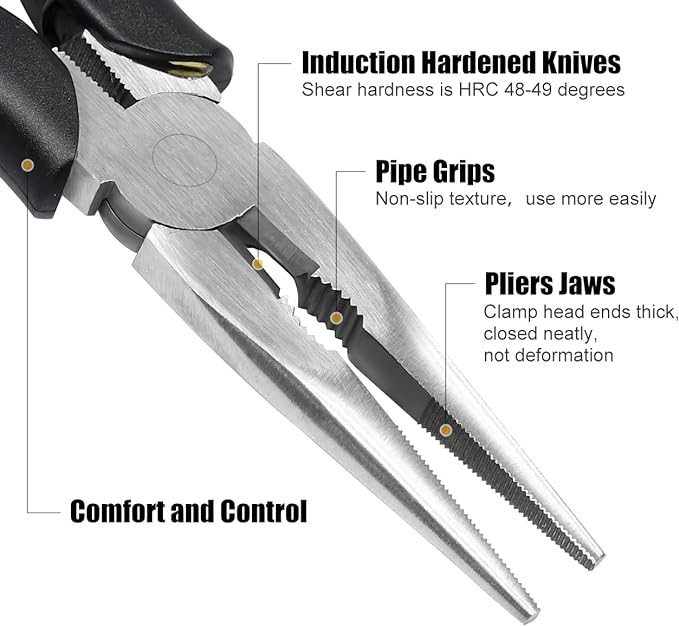 Premium Long Needle Nose Pliers-6''&8'', Paper Clamp Precision, High Carbon Steel, Soft Grip with Wire Cutter, Long Nose Cutting Pliers for Home, Fishing, Jewelry, Crafts,2pcs