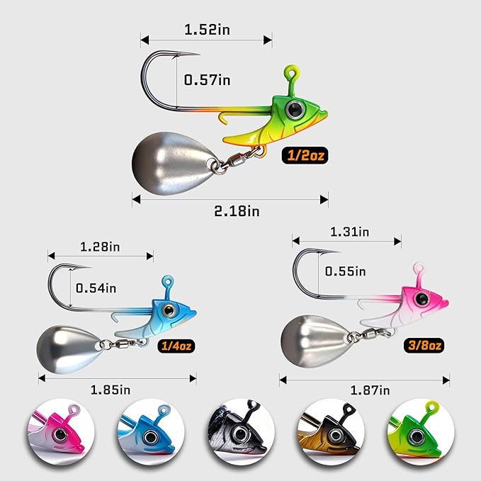 FishTrip Underspin Jig Heads Hooks - 1/4 oz,3/8 oz,1/2 oz Swimbait Jig Head with Spinner Blade for Fishing Saltwater Freshwater 5pcs