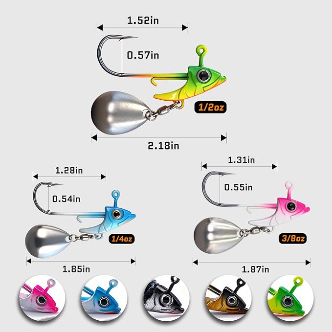 FishTrip Underspin Jig Heads Hooks - 1/4 oz,3/8 oz,1/2 oz Swimbait Jig Head with Spinner Blade for Fishing Saltwater Freshwater 5pcs
