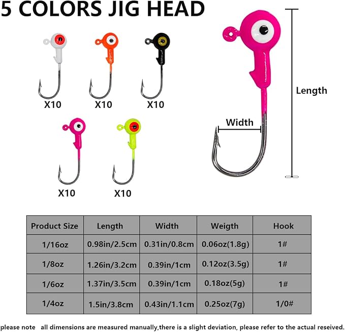 50pcs Fishing Jig Head Hooks kit, Round Ball Fishing Jigs with 3D Eyes Carbon Steel Hooks for Soft Lures Bass Freshwater Saltwater 1/8oz 1/6oz 1/4oz 1/16oz 1/35oz