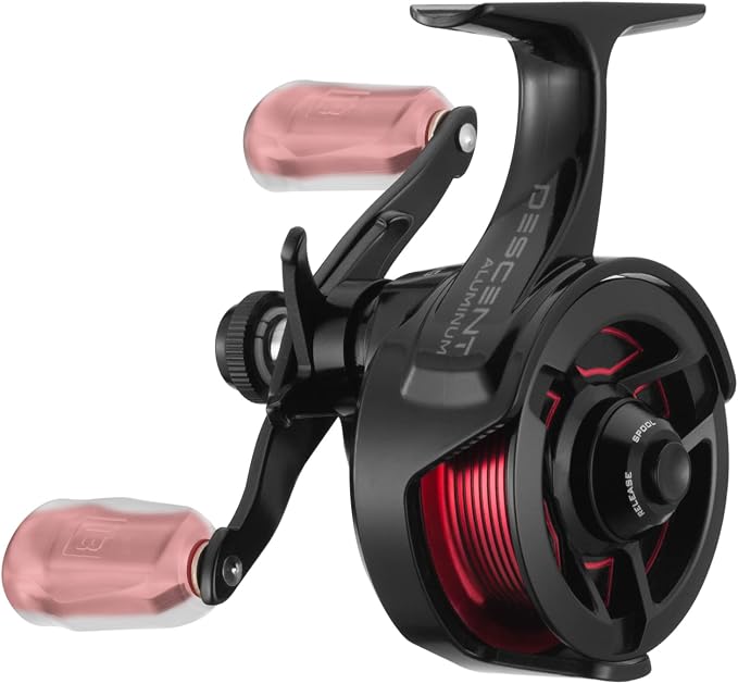 13 Fishing - Descent Aluminum - Inline Ice Fishing Reel - 2.7:1 Gear Ratio - Left Hand Retrieve (Aluminum Spool Gen 2 Design) - D2AL-2.7-LH, Black/Red