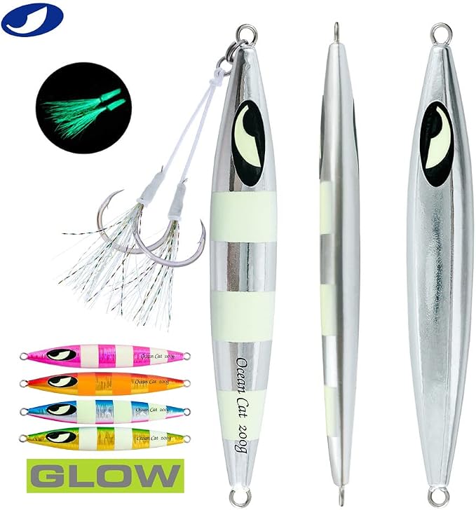 OCEAN CAT Lead Metal Flat Slow Fall Pitch Fishing Jigs Lures Sinking Vertical Jigging Bait with Butterfly Hook for Saltwater Fishing