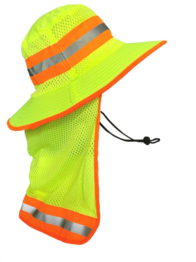 Men High Visibility Reflective Sun Hat with Neck Flap Wide Brim Boonie Hat Bucket Cap