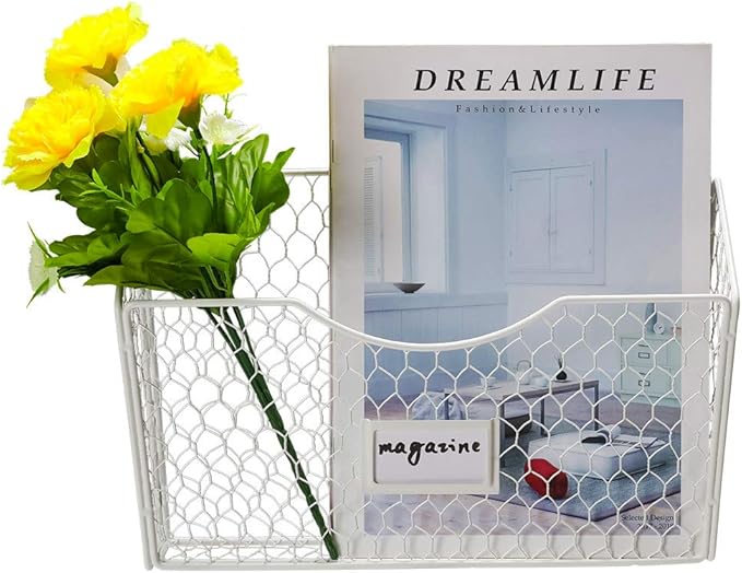 PAG 3 Pockets Hanging File Holder Wall Mount Mail Organizer Metal Chicken Wire Magazine Rack with Tag Slot, White