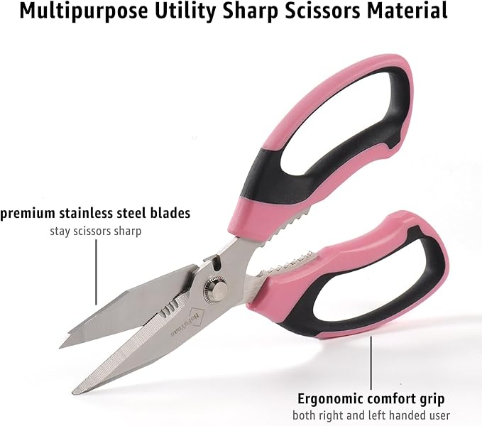 BoFuYuan 8-Inch Utility Scissors All Purpose Heavy Duty, Serrated Blade, Pink Comfort Grip for Cutting Carpet, Cardboard, Leather, Fabric, Multipurpose Sharp Shears for Kitchen, Garden, Office, Carft