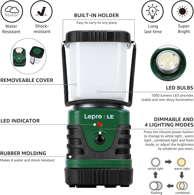Lepro 1000LM LED Camping Lantern Rechargeable, 4400mAh Green Tent Light with 4 Light Modes, Waterproof Lantern Flashlight for Hurricane Emergency, Camping Essentials, USB Cable Included