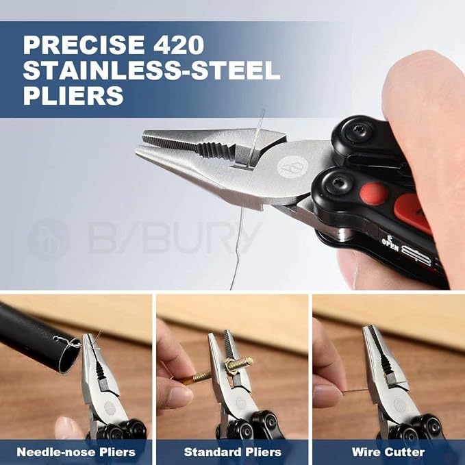 BIBURY Multitool Pliers, 14 in 1 Multi Tool with Flashlight, Scissors, Knife, Stainless Steel Pocket Knife Multifunctional EDC Tool for Camping, Survival, Fishing, Hiking, Hunting, Gifts for Men