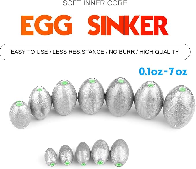 Atibin Removable Egg Lead Fishing Sinkers Saltwater Fishing Oval Sinkers Shot Drop Weight Sinker Set 1/10oz-10oz