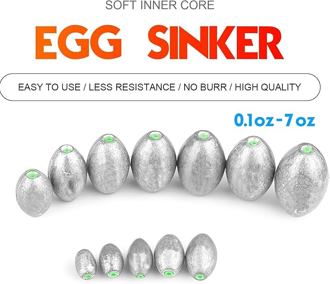 Atibin Removable Egg Lead Fishing Sinkers Saltwater Fishing Oval Sinkers Shot Drop Weight Sinker Set 1/10oz-10oz