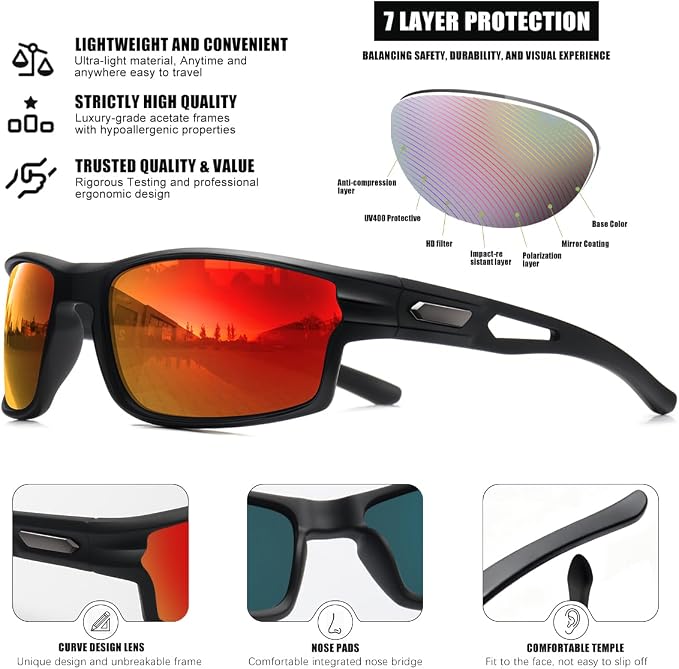 Polarized Sports Sunglasses for Men UV400 Protection, Lightweight Wrap Around Sun Glasses for Fishing Cycling Running