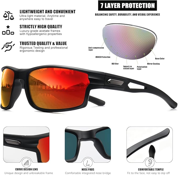 Polarized Sports Sunglasses for Men UV400 Protection, Lightweight Wrap Around Sun Glasses for Fishing Cycling Running