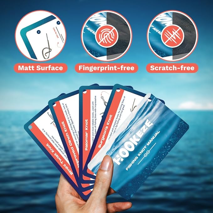 HOOK-EZE Fishing Knot Tying Cards, Waterproof Pocket Guide to 12 Essential Knots with Zinger Retractor, Fishing Gifts Gear Accessories for Men & Cool Gadgets Stuff Suppliers Tool for Beginner