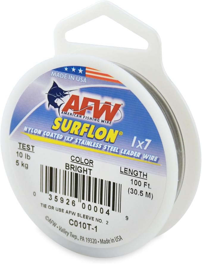 American Fishing Wire Surflon Nylon Coated 1x7 Stainless Steel Wire Leader - Wire Fishing Leader Line for Saltwater 10lb Up To 250lb Test in Bright, Black, Camo in 30ft, 100ft, 300ft, & 1000ft Lengths