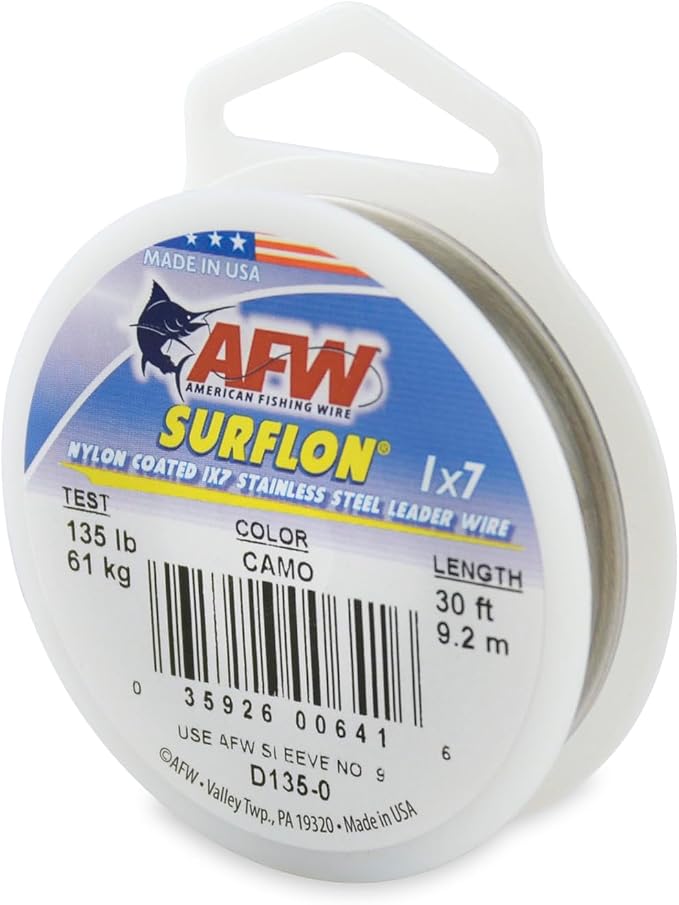American Fishing Wire Surflon Nylon Coated 1x7 Stainless Steel Wire Leader - Wire Fishing Leader Line for Saltwater 10lb Up To 250lb Test in Bright, Black, Camo in 30ft, 100ft, 300ft, & 1000ft Lengths