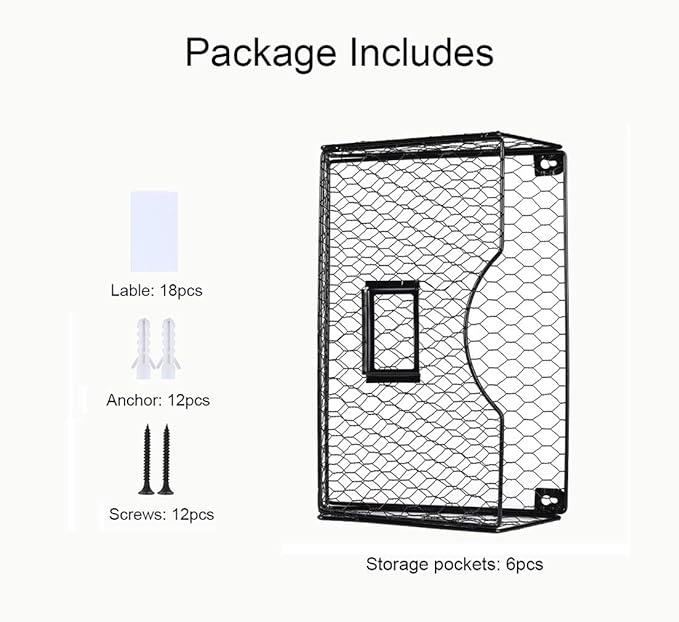 PAG 6 Pockets Hanging File Holder Wall Mount Mail Organizer Metal Chicken Wire Magazine Rack with Tag Slot, Black