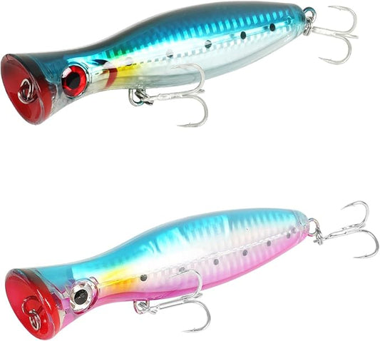Large Top Water Popper Lure: 2pcs 3D Eyes Tuna Popper Saltwater Fishing Lures for Surf Fishing Gt Tuna Kingfish Large Predator Fish