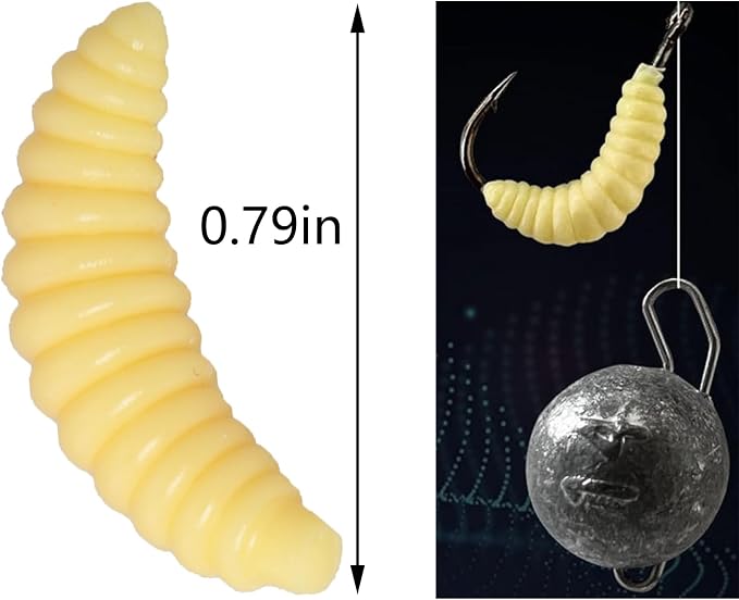 200PCS Fake Worms 20mm Realistic Soft Lures Fishing Plastic Maggots Beige Color Suitable for Lure Fishing Used for Bass and Ice Fishing Maggot Lures