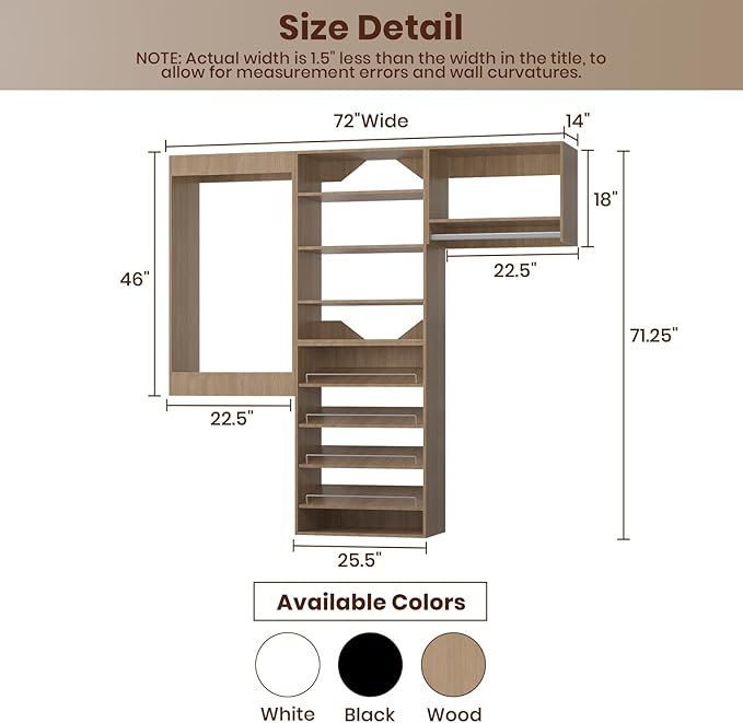 ROOMTEC Modular Closet System, 72" Wall Mounted Modern Closet Organizer with Hanging Rods and Shoe Shelf, Wooden Tower for Walk-In Closets, Wardrobe Storage Kit, Wood