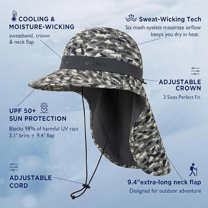 TOP-EX Cooling Sun Hat with Neck Flap – UPF 50+ Wide Brim Breathable Hat for Hiking, Fishing & Big Heads