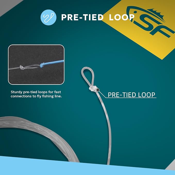 SF Pre-Tied Loop Fly Fishing Tapered Leader Nylon Clear Trout Freshwater Saltwater Bonefish Permit Bass Salmon Steelhead 7.5FT 9FT 10FT 12FT 15FT 0X 1X 2X 3X 4X 5X 6X 7X