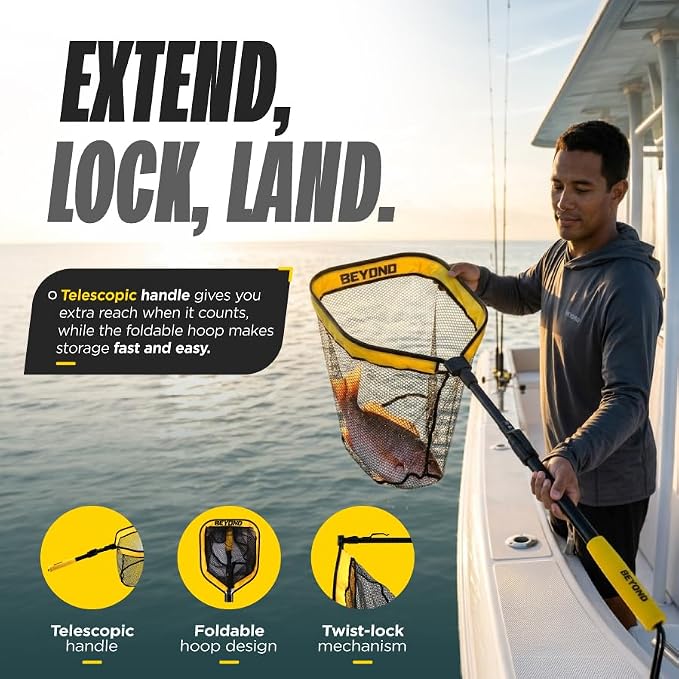 Beyond Braid Floating Fishing Net with Handle – Folding Fishing Net for Easy Storage – Telescopic Landing Net for Bass, Trout, Kayak & Boat Fishing – Durable, Lightweight & Fish Friendly