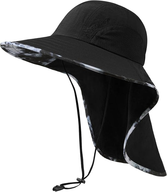 BASSDASH UPF 50+ Unisex Water Resistant Wide Brim Sun Hat with Large Neck Flap Ponytail Fishing Hat for Men Women